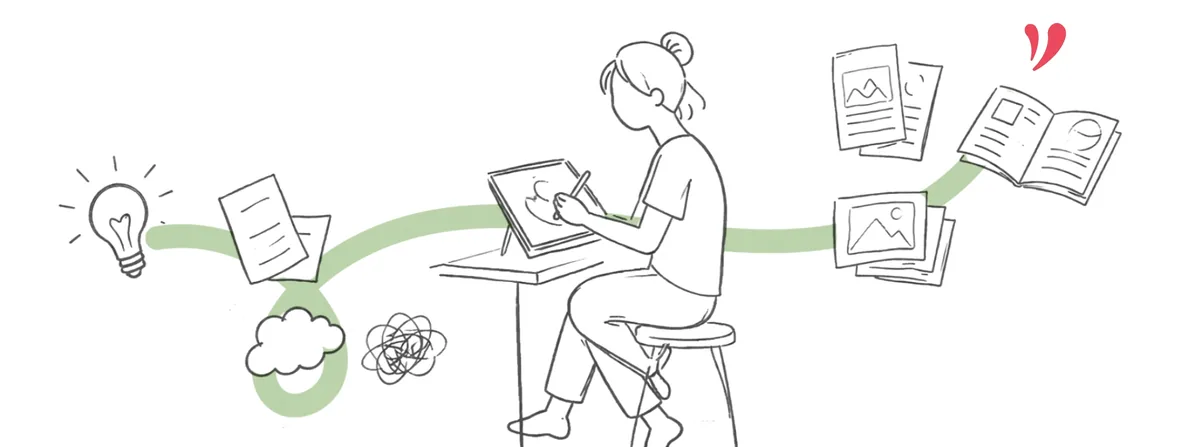 Dessin au trait : Marie dessine à la tablette, assise à son bureau ; de l'ampoule et du gribouillis à gauche naissent, le long d'un trait vert, des affiches, des photos et un livre ouvert à droite