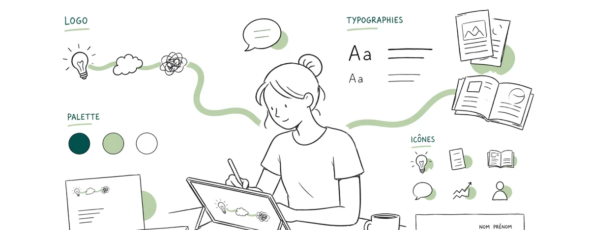 Dessin au trait : Marie dessine à la tablette, entourée des composantes d'une identité visuelle — logo, palette, typographies, icônes, papeterie