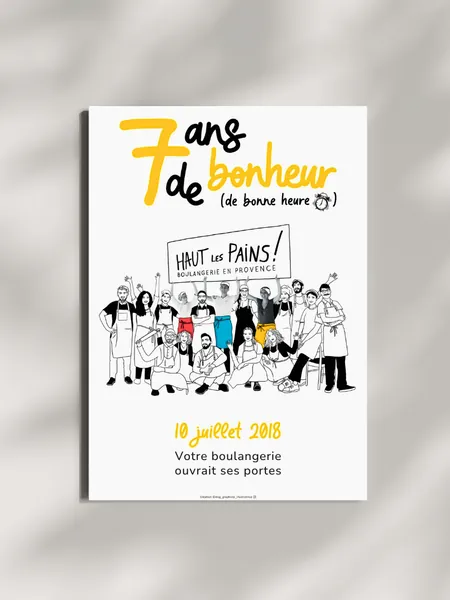 Affiche illustrée des sept ans de la boulangerie Haut les Pains