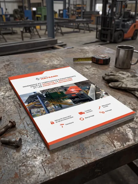 Le catalogue Groupe Mayrand posé sur un établi d'atelier