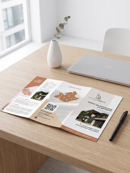 Le dépliant commercial de DA Expertises & Conseils, ouvert sur un bureau