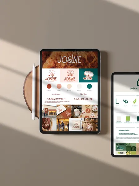 Deux chartes graphiques sur tablette : la boulangerie Josine et le coach Lodini Wellness