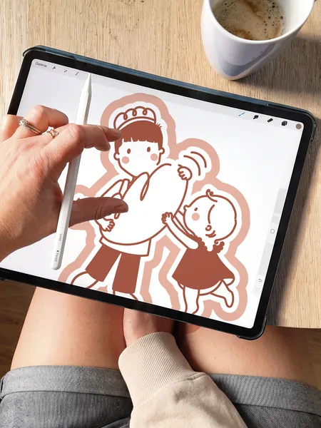 Les deux enfants du logo Josine dessinés à la tablette