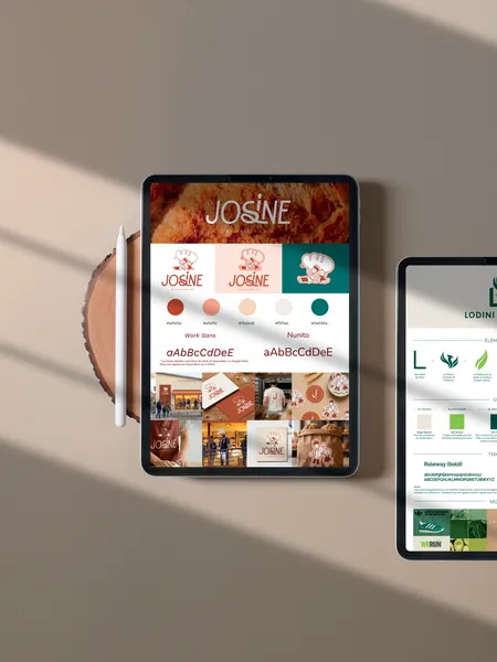 Deux chartes graphiques affichées sur tablette, celles de Josine et de Lodini Wellness