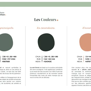 Page « Les Couleurs » de la charte : les trois teintes principales, avec leurs références