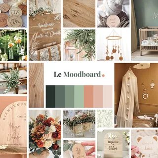 Le moodboard de la charte : matières, photos et ambiance qui fondent l'univers