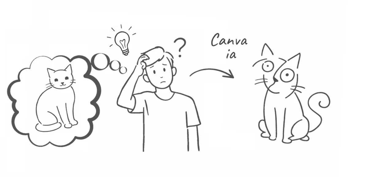 Dessin au trait : une personne imagine un chat, l'outil en produit un autre, méconnaissable