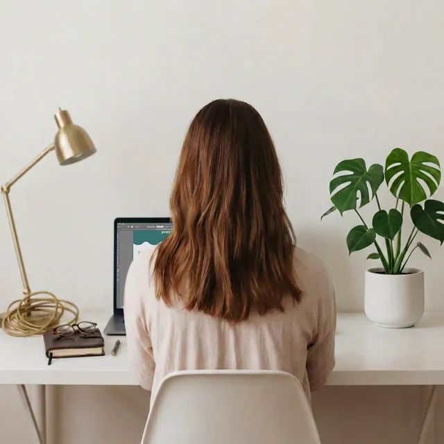 Marie de dos, dessinant à son bureau devant son ordinateur