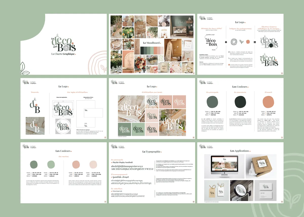 Planches de charte graphique « Le déco des Bois » : logo, moodboard, couleurs, typographies, applications