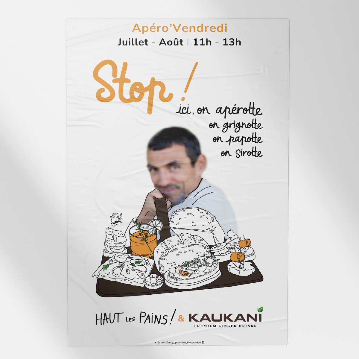 Affiche Stop ! avec un boulanger et des illustrations de pains et viennoiseries.