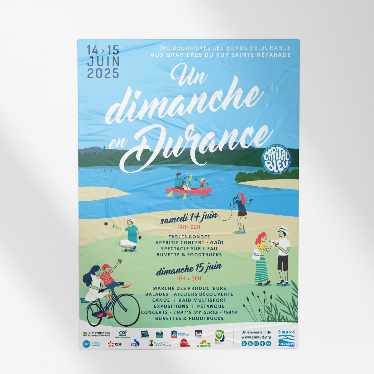 Affiche colorée Un dimanche en Durance avec personnages en plein air, vélos et rivière.