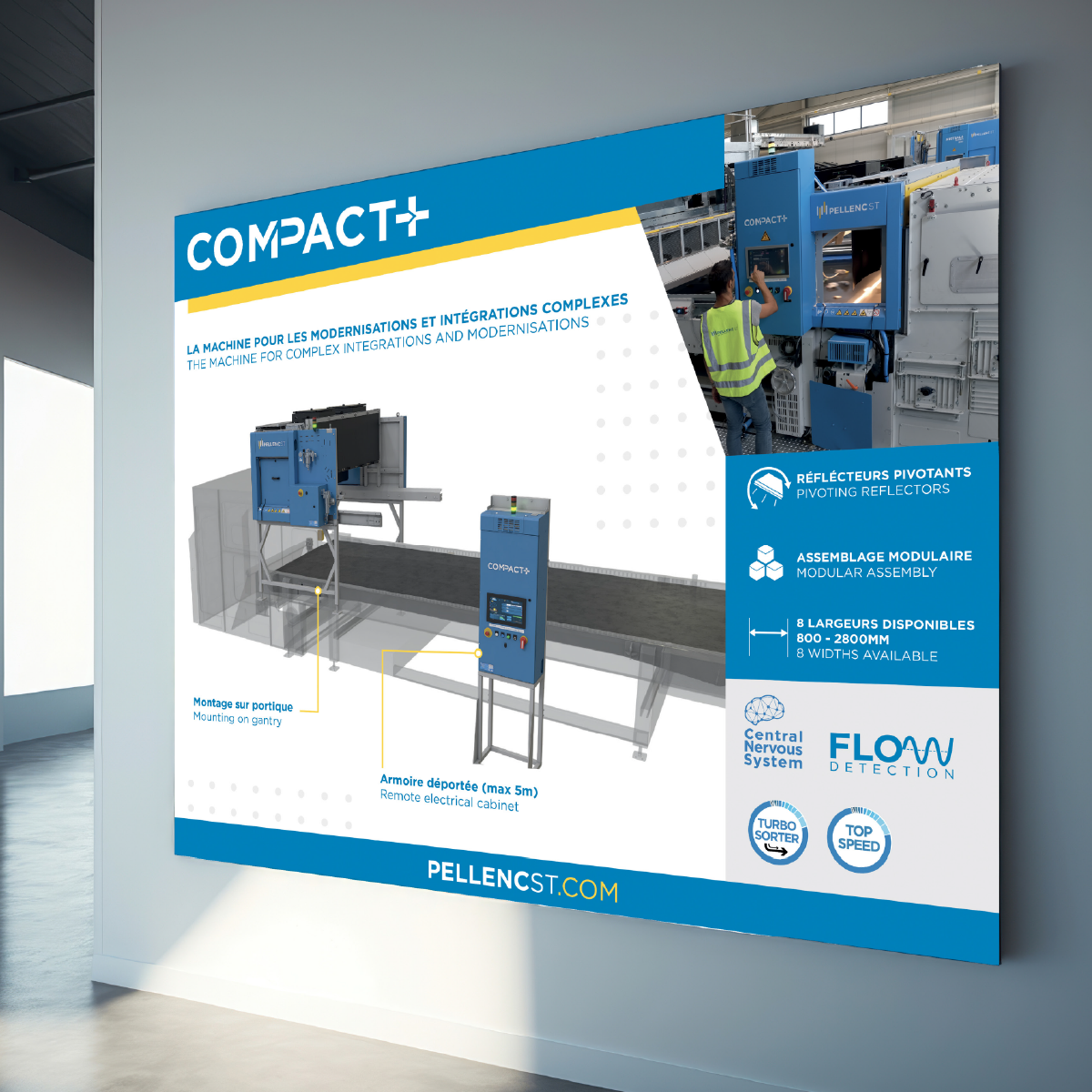 Création graphique affiche communication grand format pour un salon. Le produit de l'affiche est une machine de tri optique COMPACT+ de l'entreprise industrielle Pellenc ST.