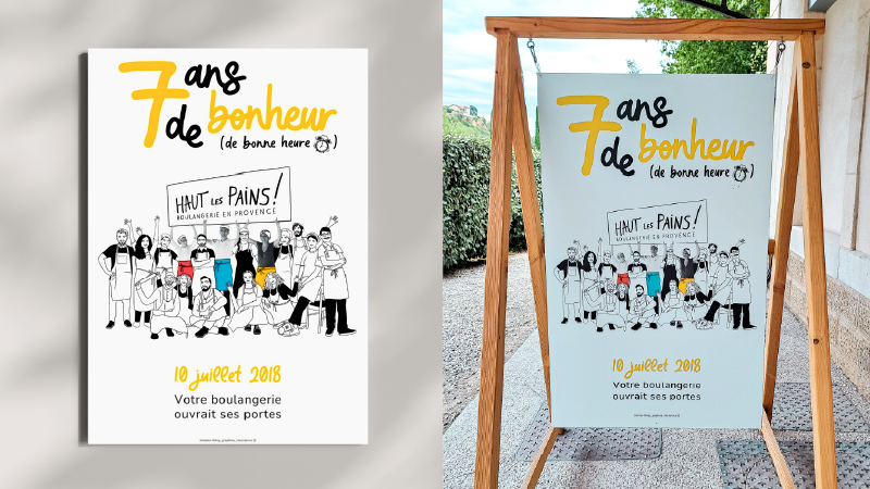 Affiche illustrée représentant l'équipe de la boulangerie Haut-les-pains basée à Lauris dans le vaucluse. Illustration au trait noir avec détails couleurs.