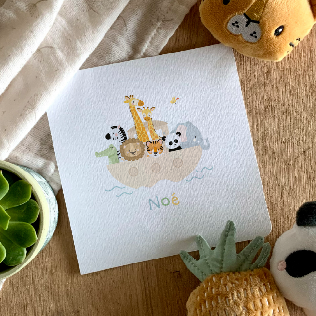 Illustration girafe et zèbre animaux de la savane sur un bateau, l'arche de Noé, pour illustration faire-part de naissance
