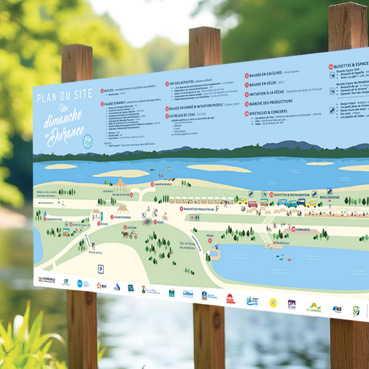 Grand panneau de signalétique avec un plan illustré en couleur.