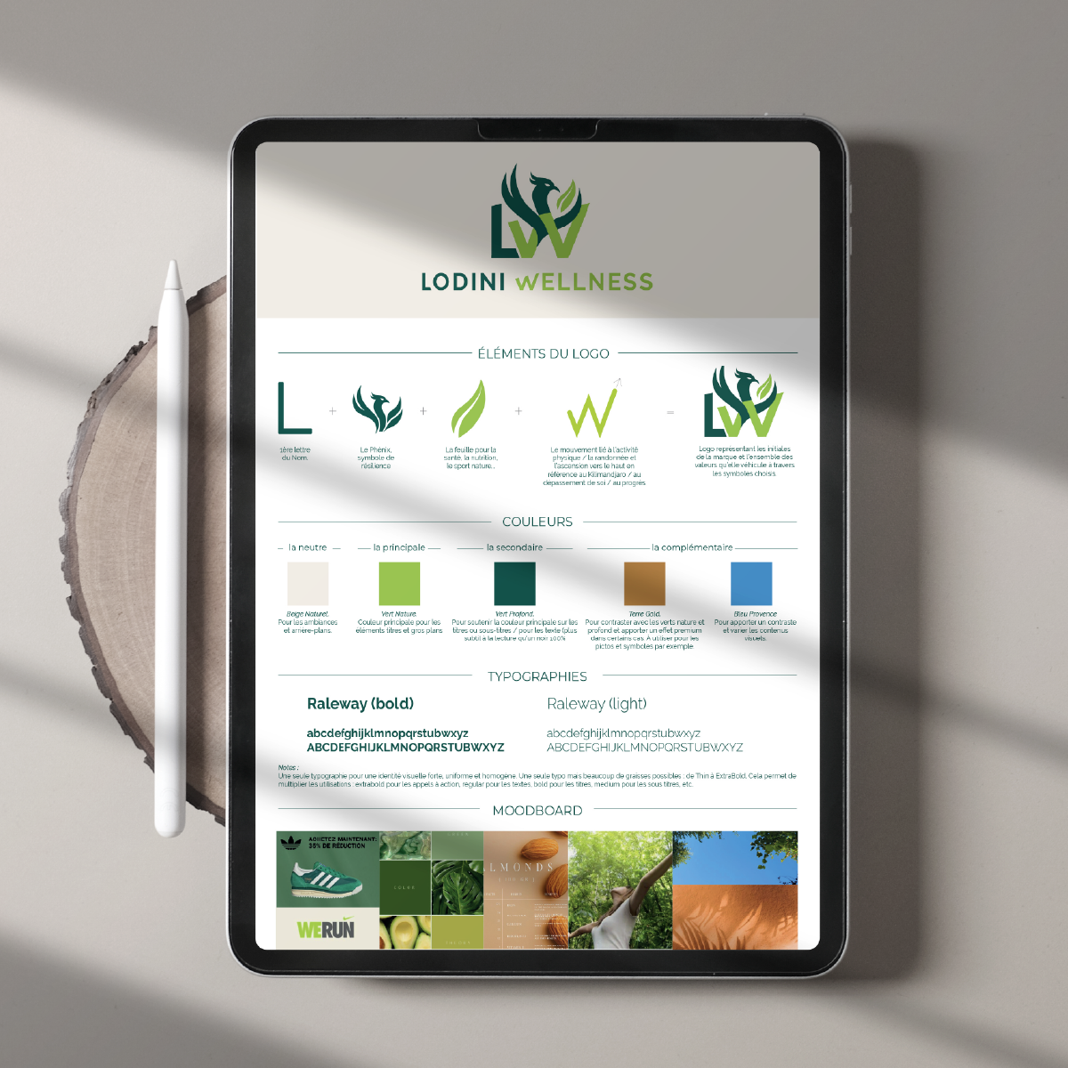 Aperçu de la charte graphique de Lodini Wellness, coach sportif et bien-être pour qui j'ai créée l'identité visuelle et le logo.