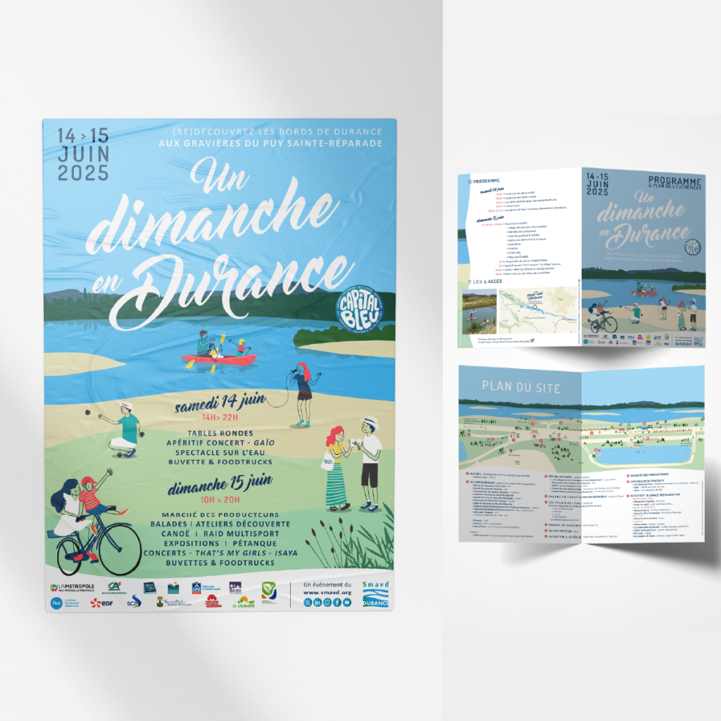 Affiche et programme illustrés pour le SMAVD, syndicat mixte d'aménagement de la vallée de la Durance. Projet de communication visuelle d'un événement annuel : un dimanche en Durance. Création graphique et visuelle MSG.