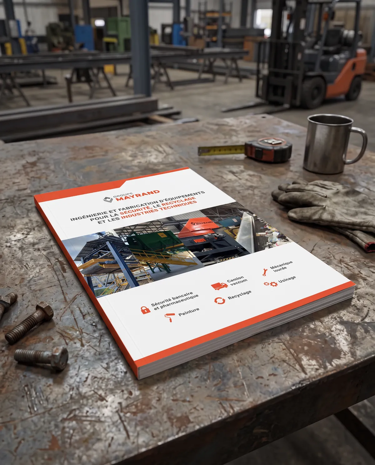 Le catalogue Groupe Mayrand posé sur un plan de travail, couverture orange et photo d'atelier