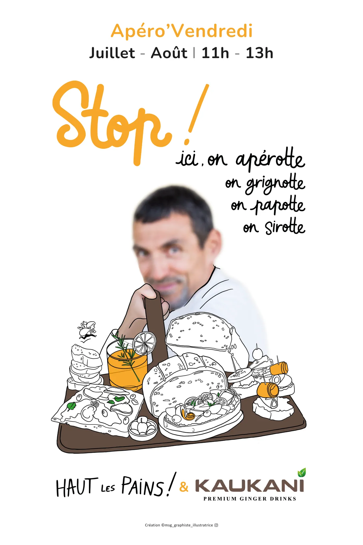 Affiche illustrée « 7 ans de bonheur » : l'équipe de la boulangerie dessinée au trait, le titre à la main