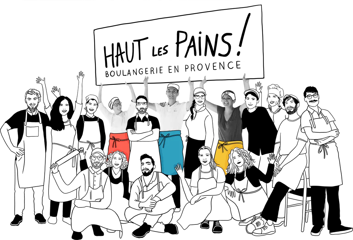 L'équipe de Haut les Pains dessinée en groupe, en trois couleurs