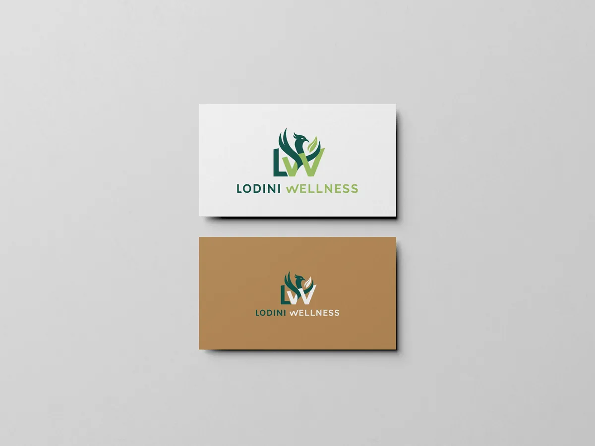 Cartes de visite Lodini Wellness, le logo au phénix sur fond vert nature
