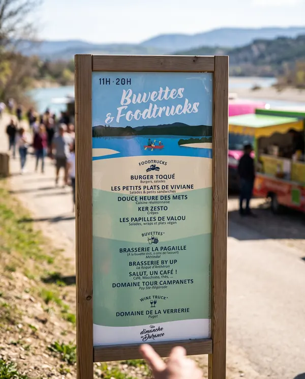Panneau des buvettes et food trucks installé sur le site de l'événement