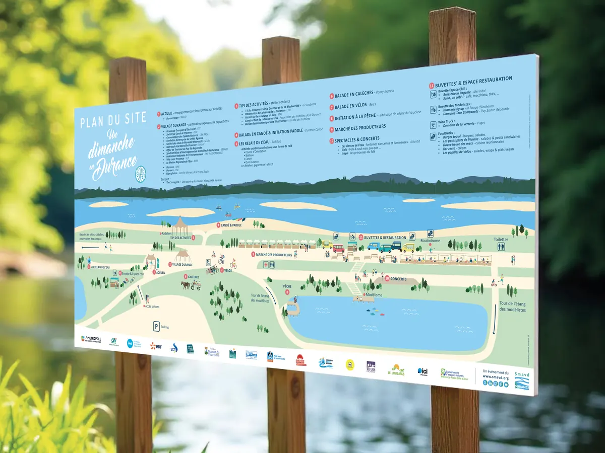 Plan illustré du site d'Un dimanche en Durance, affiché sur panneau au bord de l'eau